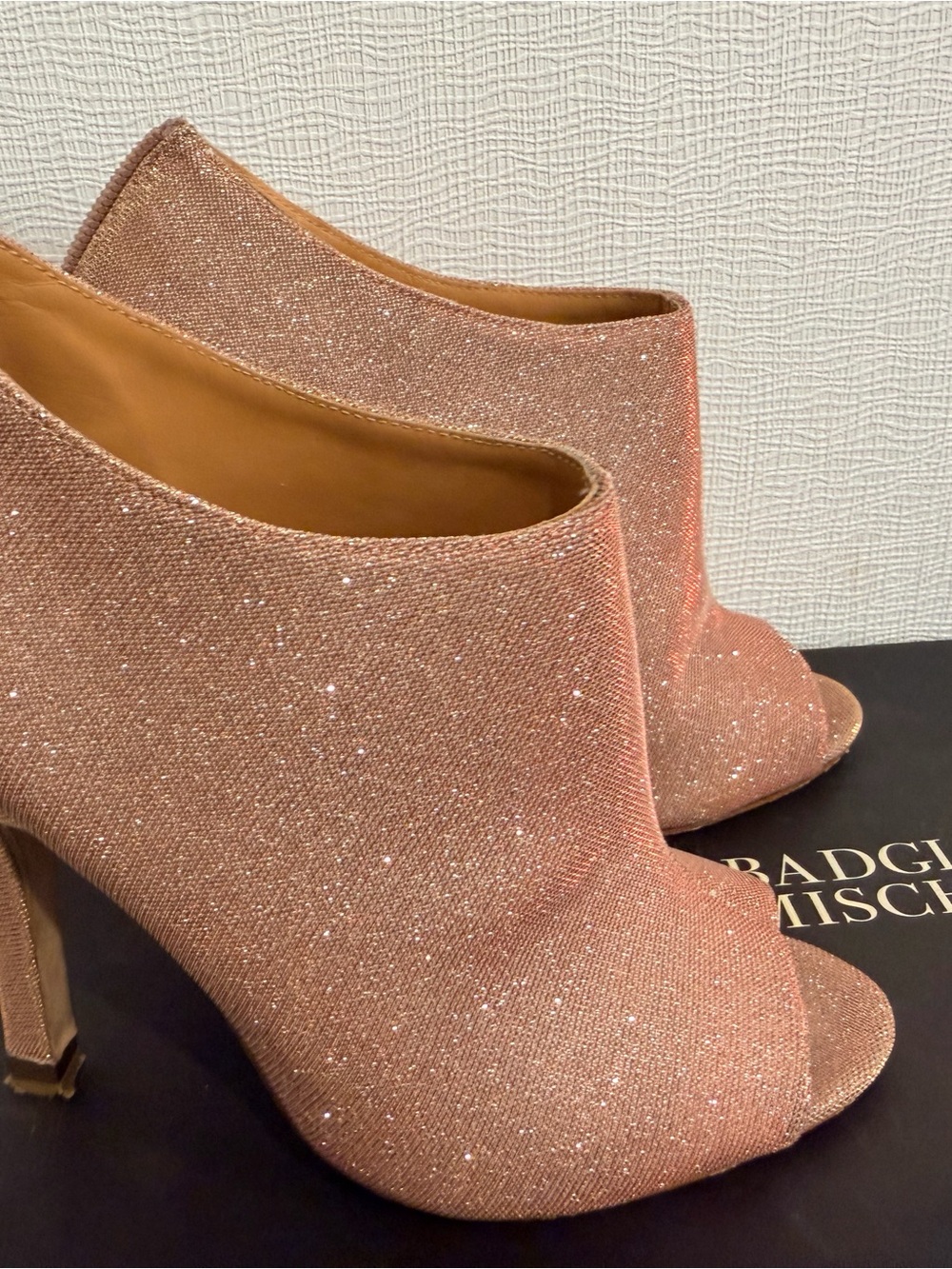 Badgley Mischka Rose Gold Glitter Peep-Toe Mules